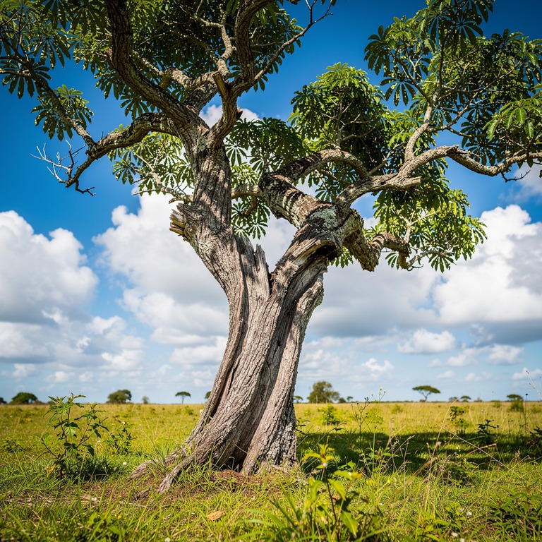 A solitary, ancient tree stands in a vast, open grassland, i... | ShopAyahuascaRetreats