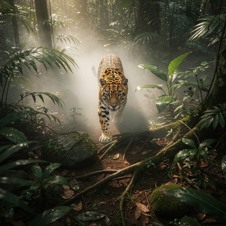 A solitary jaguar emerges from the misty veil of a tropical ... | ShopAyahuascaRetreats