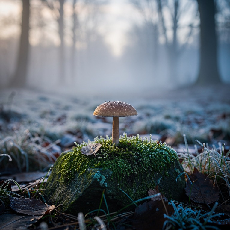 A solitary mushroom grows on a mossy stone in the misty dawn... | ShopAyahuascaRetreats