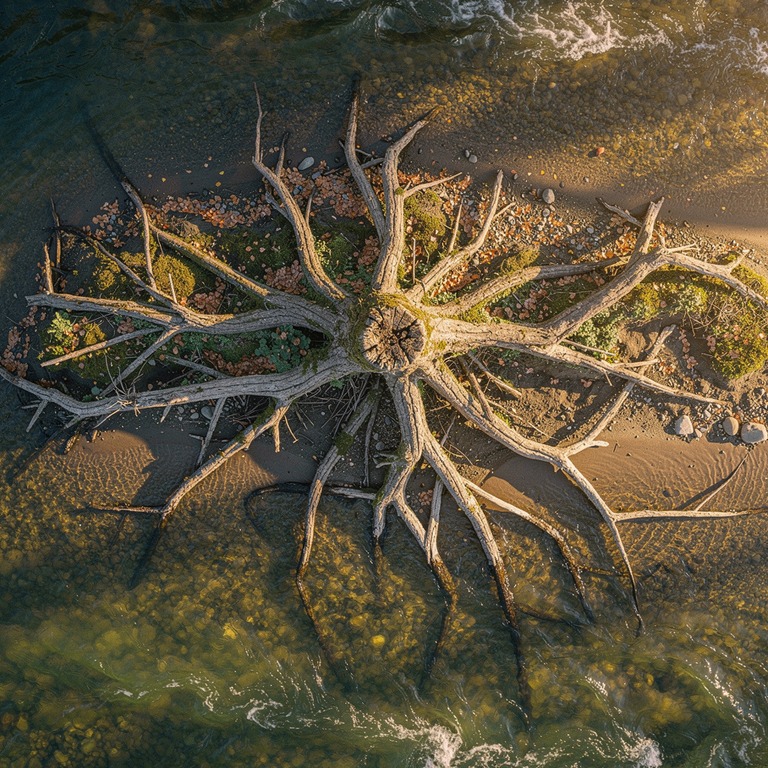 A sprawling, twisted root system of an old tree is exposed o... | ShopAyahuascaRetreats