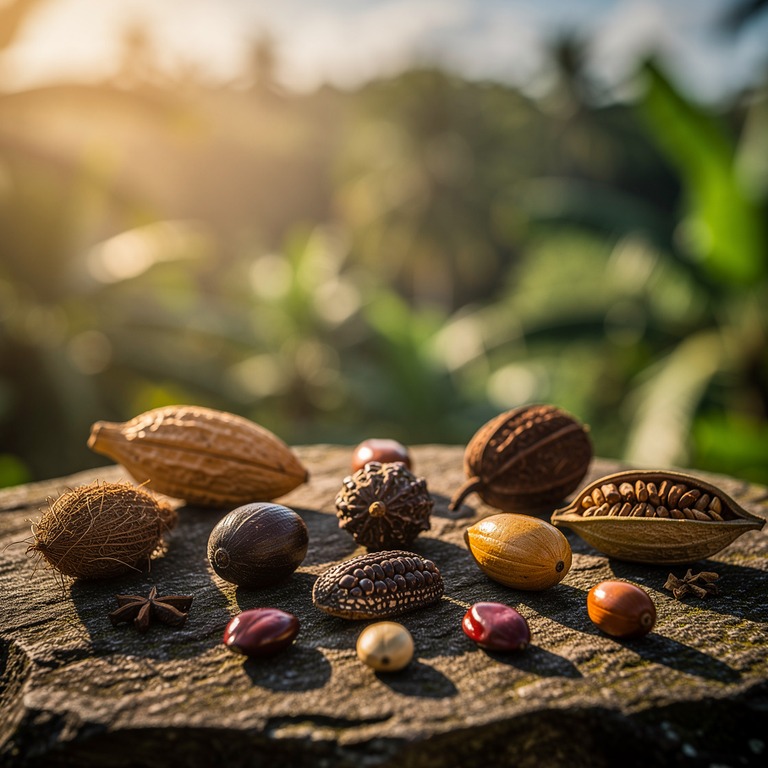 A still life of various, exotic plant seeds and pods arrange... | ShopAyahuascaRetreats