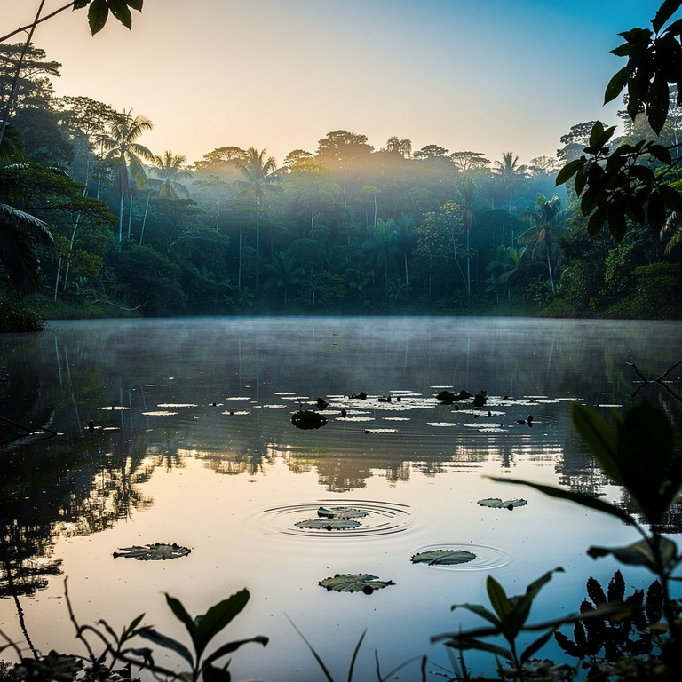 A still, serene lake at dawn, with a few fallen leaves float... | ShopAyahuascaRetreats