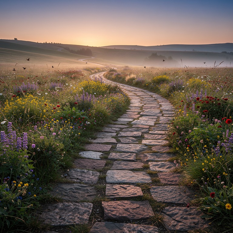 A stone path winding through a lush, vibrant meadow filled w... | ShopAyahuascaRetreats