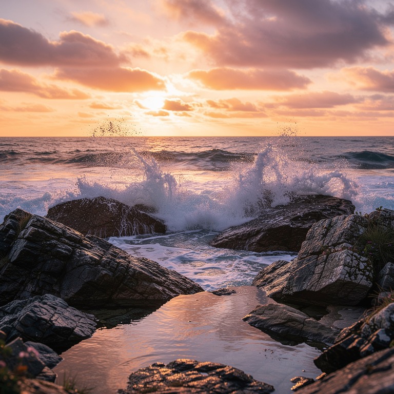 A stunning vista of a rocky shoreline at sunset, with waves ... | ShopAyahuascaRetreats