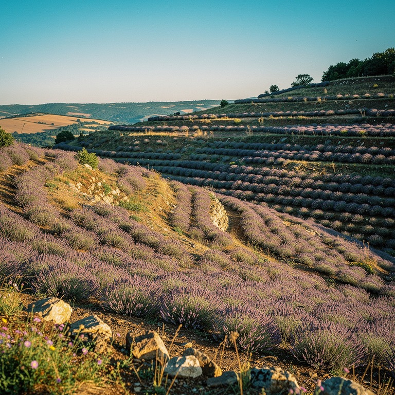 A terraced hillside of lavender fields stretches towards the... | ShopAyahuascaRetreats