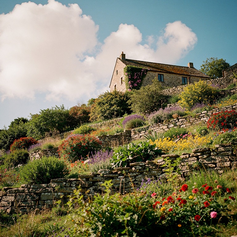 A terraced hillside with lush greenery and vibrant flowers, ... | ShopAyahuascaRetreats