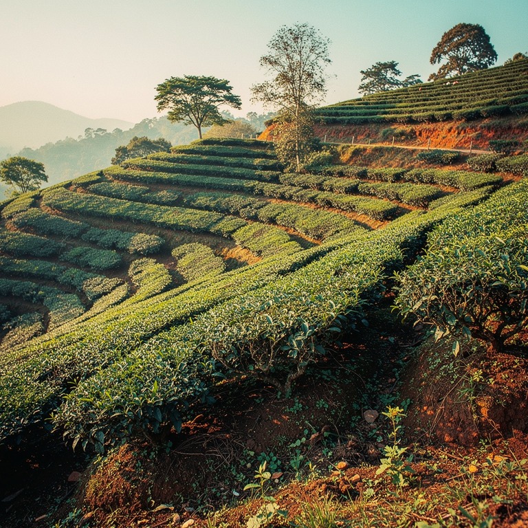 A terraced hillsides with rows of lush green tea plants, eac... | ShopAyahuascaRetreats