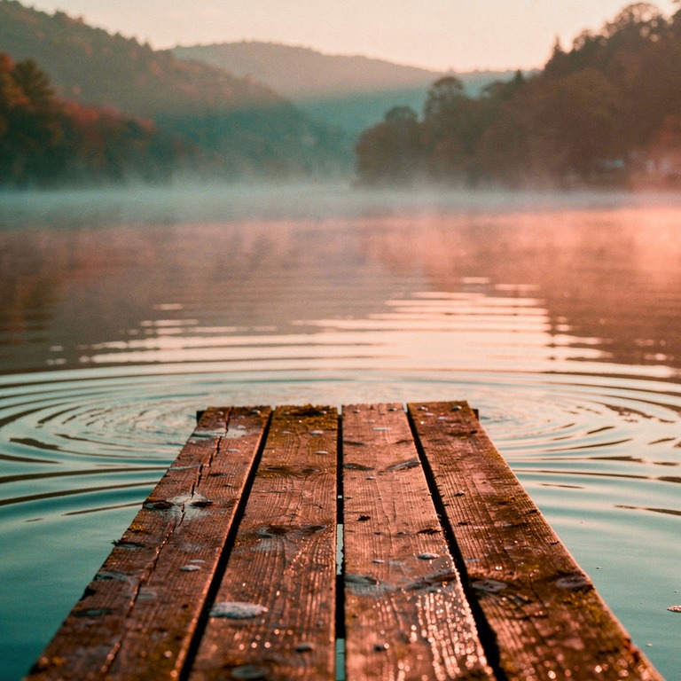 A tranquil lake at sunrise, with a wooden dock stretching ou... | ShopAyahuascaRetreats