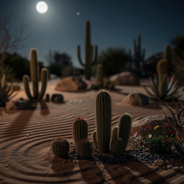 A tranquil, moonlit night scene of a desert garden, with var... | ShopAyahuascaRetreats