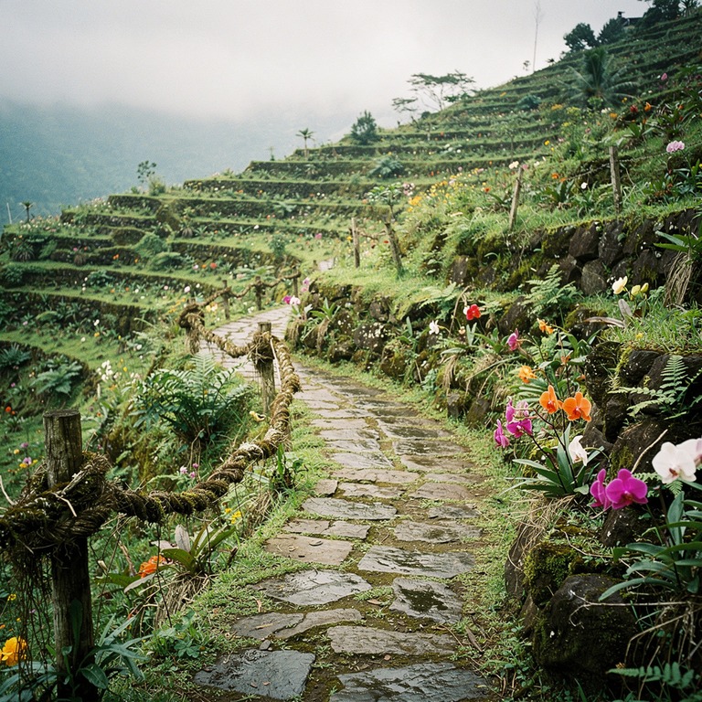A tranquil stone path winding through a terraced hillsides, ... | ShopAyahuascaRetreats