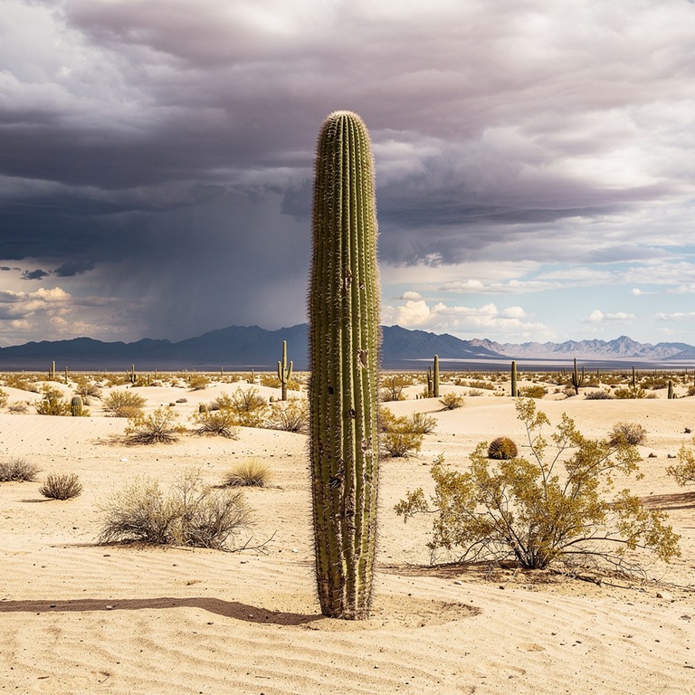 A vast, sandy Sonoran Desert landscape under a stormy sky wi... | ShopAyahuascaRetreats