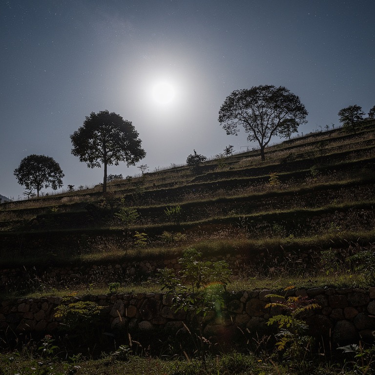 A vast, starry night sky over a terraced hillsides with a fe... | ShopAyahuascaRetreats