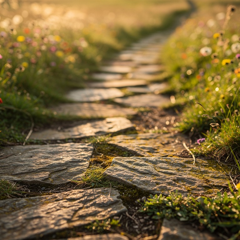 A weathered, stone path winding through a lush, green meadow... | ShopAyahuascaRetreats