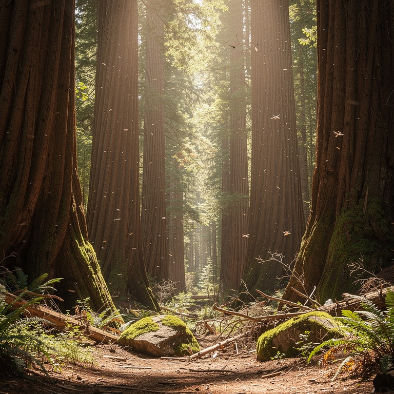 Ancient redwood grove with sun rays streaming through trunks | ShopAyahuascaRetreats