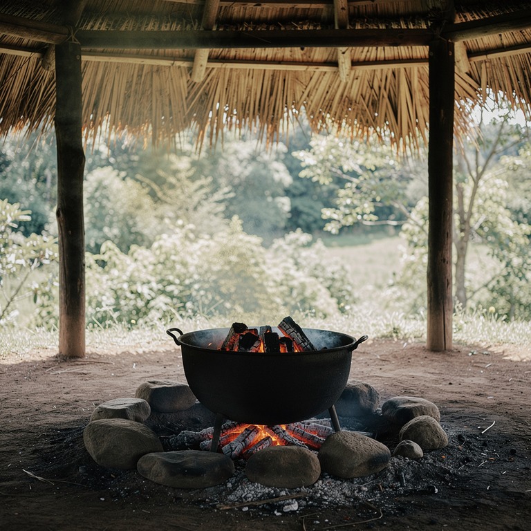 Cast-iron brazier with glowing coals under a thatched roof | ShopAyahuascaRetreats