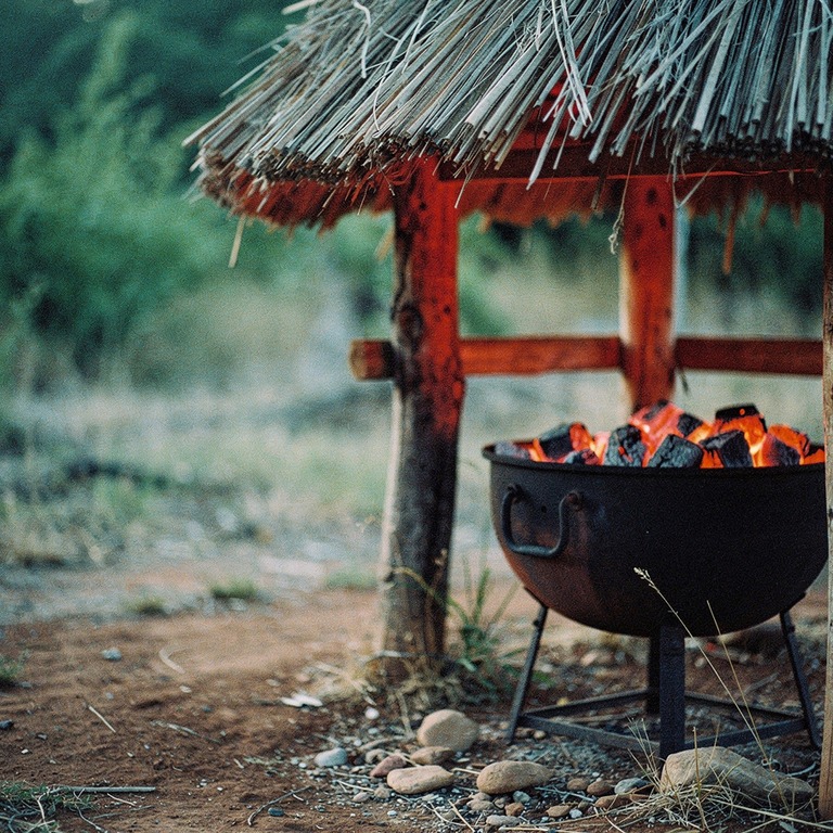 Cast-iron brazier with glowing coals under a thatched roof | ShopAyahuascaRetreats