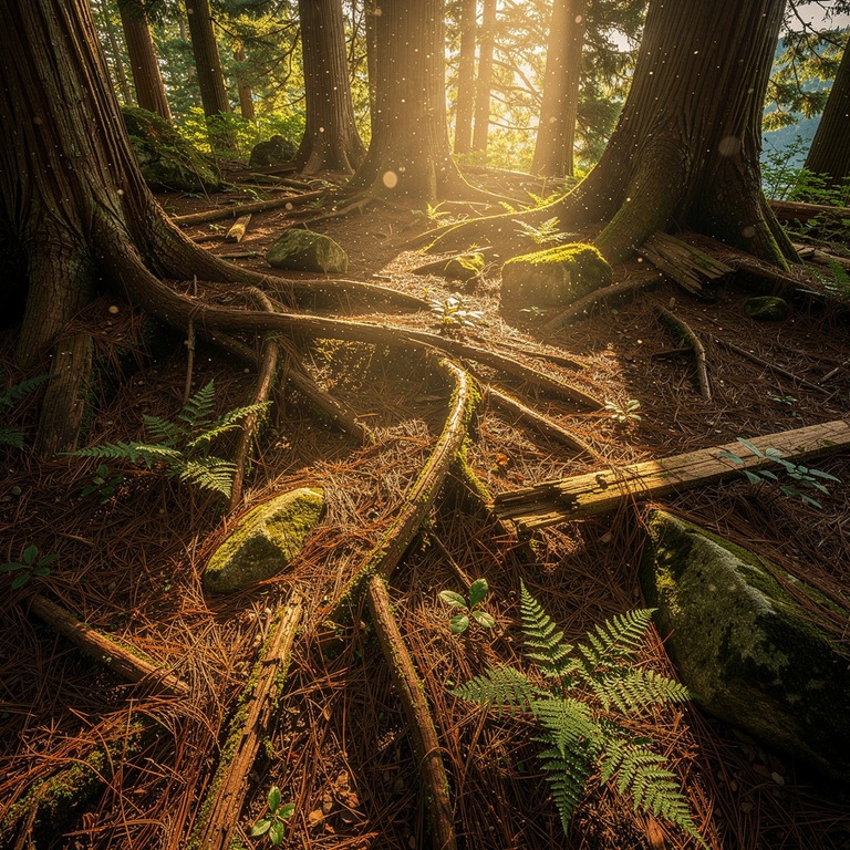 Cedar grove with shafts of dust-filled sunlight | ShopAyahuascaRetreats