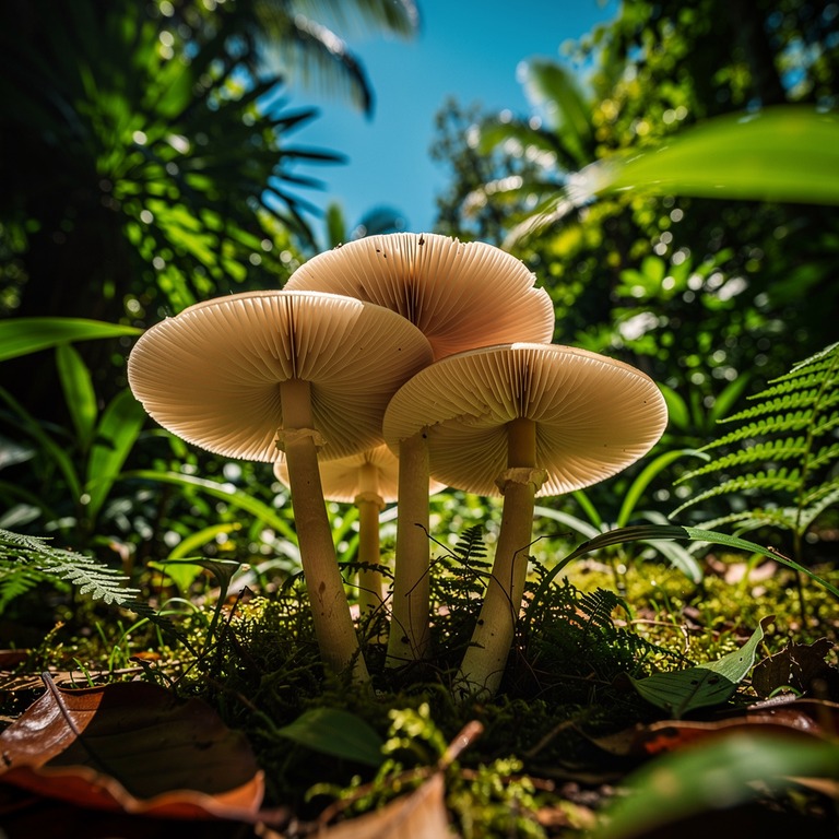 Cluster of forest mushrooms with intricate gill detail under... | ShopAyahuascaRetreats
