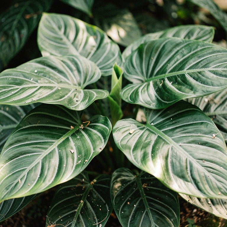 Cluster of philodendron leaves with deep green and silver ve... | ShopAyahuascaRetreats