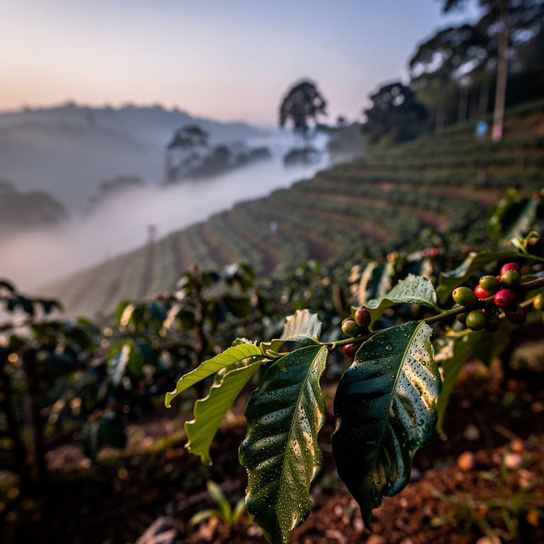 Coffee plantation hillside at dawn, mist between rows of pla... | ShopAyahuascaRetreats