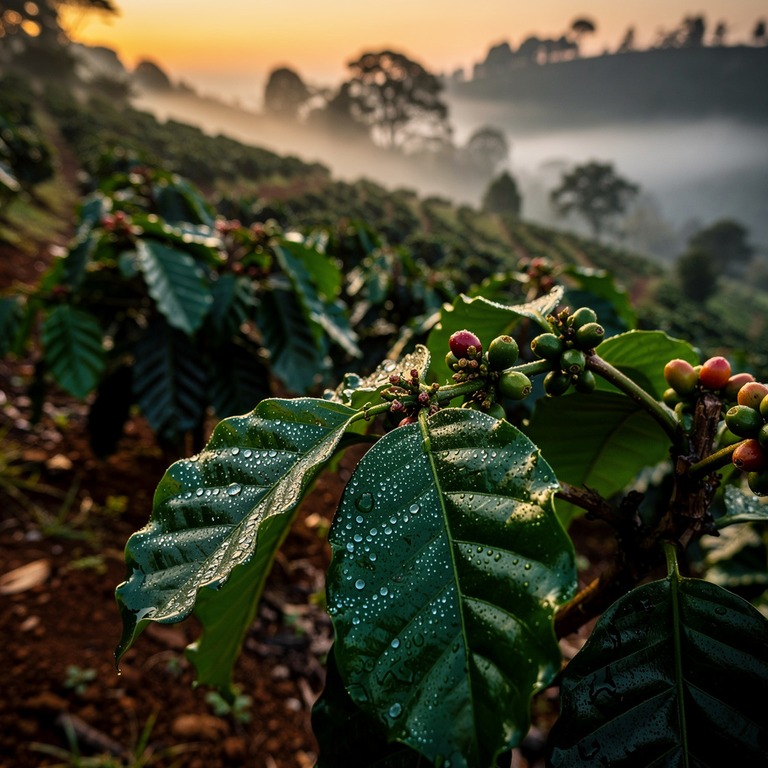 Coffee plantation hillside at dawn, mist between rows of pla... | ShopAyahuascaRetreats
