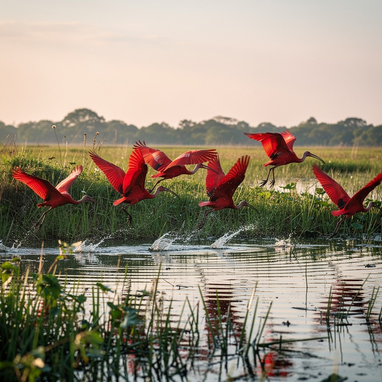 Flock of scarlet ibises taking off from a marshland | ShopAyahuascaRetreats