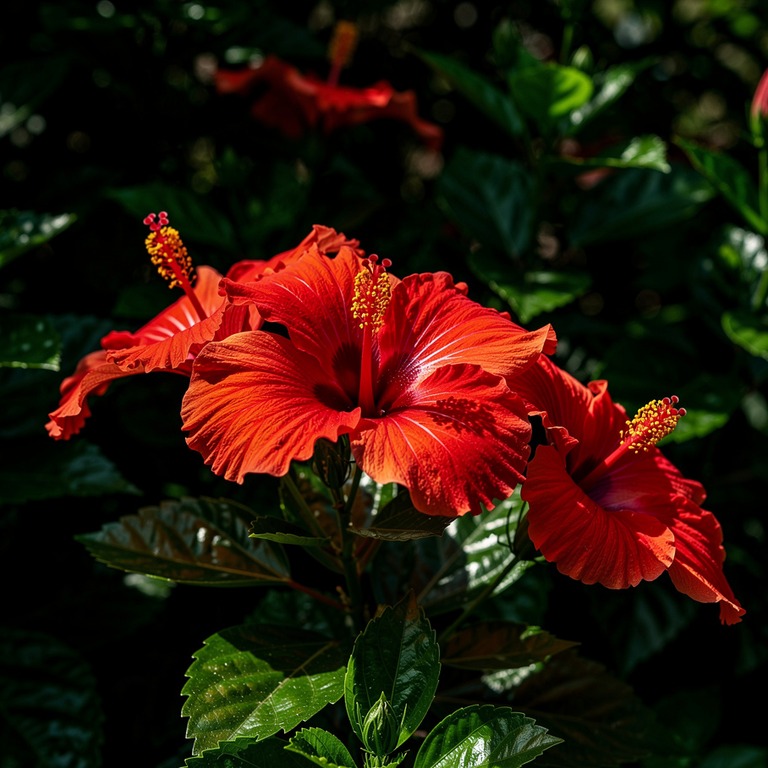 Hibiscus flowers in vivid red against deep green foliage | ShopAyahuascaRetreats