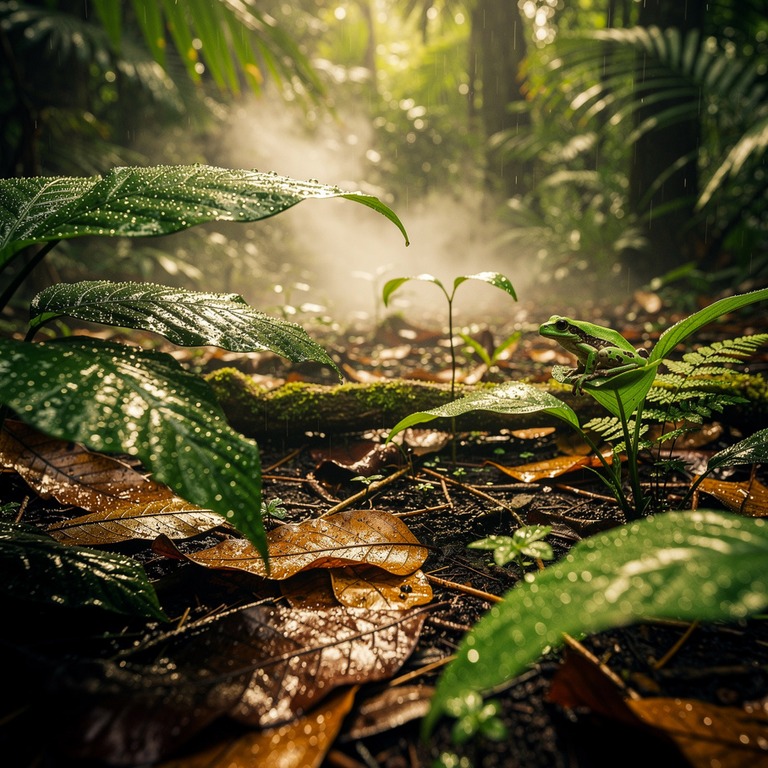 Jungle clearing after heavy rain, steam rising from leaf lit... | ShopAyahuascaRetreats