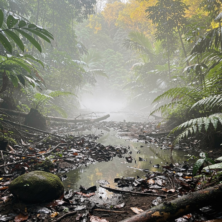 Jungle clearing after heavy rain, steam rising from leaf lit... | ShopAyahuascaRetreats