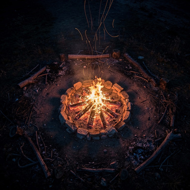 Large bonfire burning at night, orange embers rising into da... | ShopAyahuascaRetreats