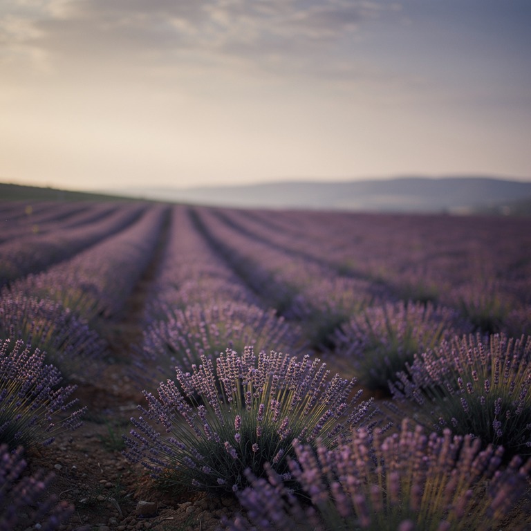 Lavender field at dusk, rows fading into soft purple haze | ShopAyahuascaRetreats