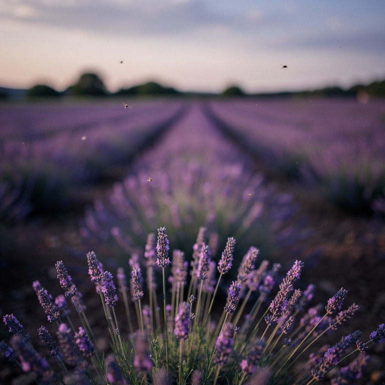 Lavender field at dusk, rows fading into soft purple haze | ShopAyahuascaRetreats