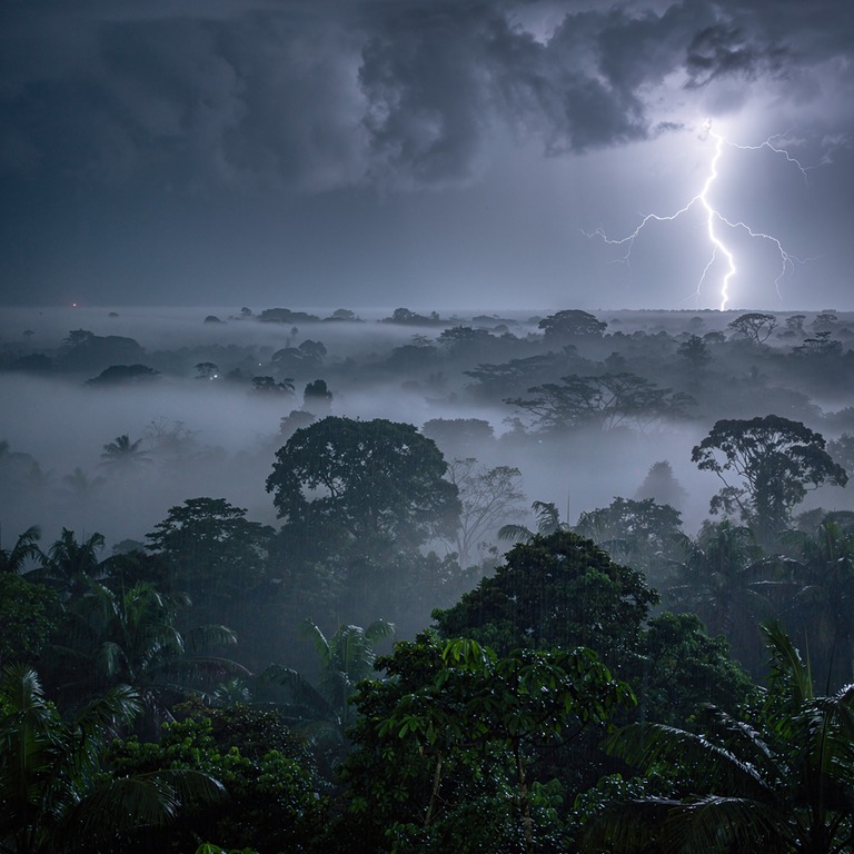 Lightning illuminating a stormy night sky above a jungle can... | ShopAyahuascaRetreats
