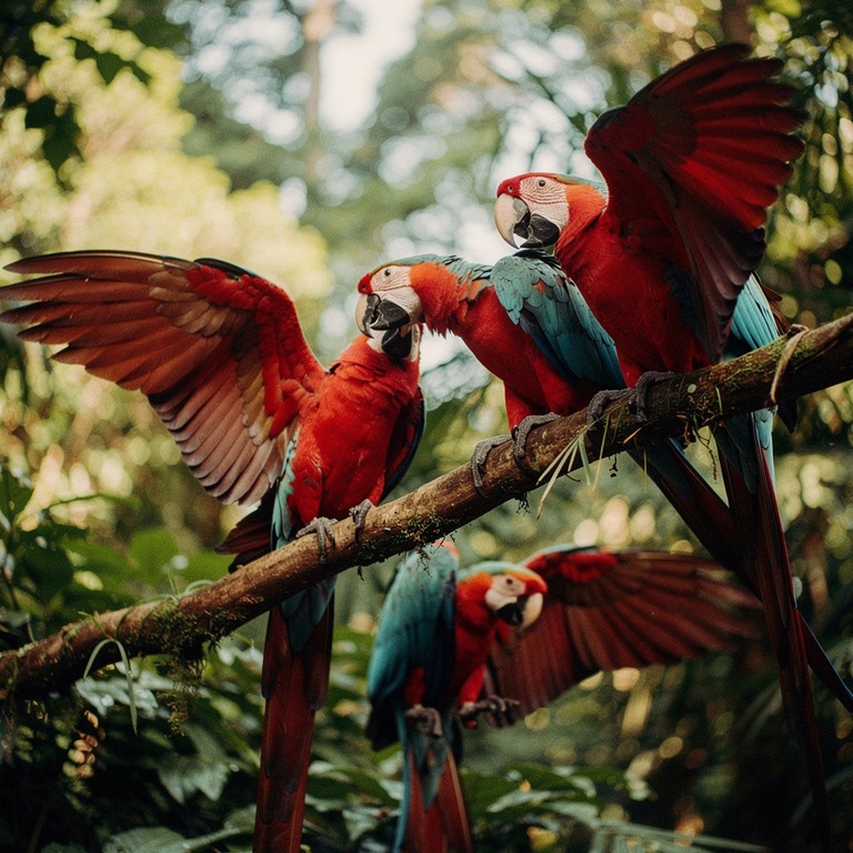 Macaws preening on a jungle vine, wings showing red and blue | ShopAyahuascaRetreats