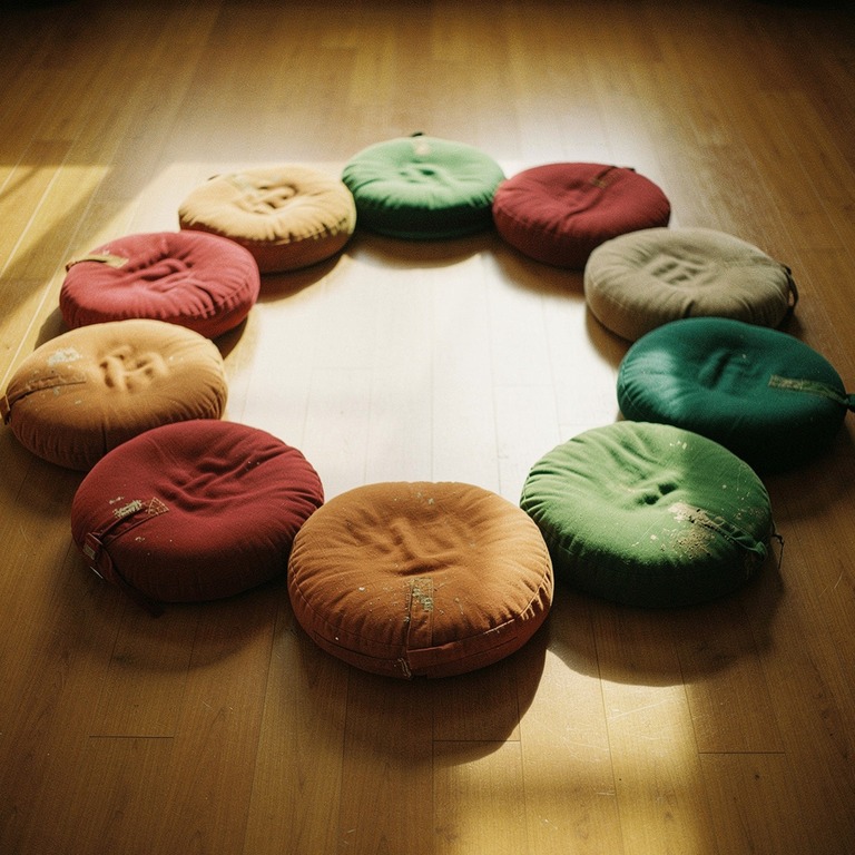 Meditation cushions arranged in a circle on a wooden floor | ShopAyahuascaRetreats