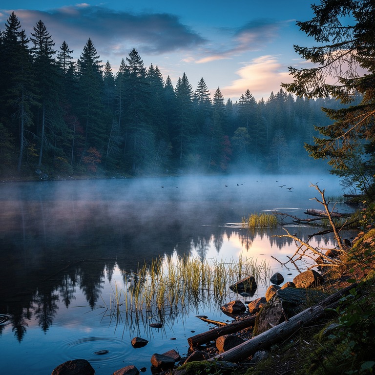 Mist rising from a calm lake, forest reflected in still wate... | ShopAyahuascaRetreats