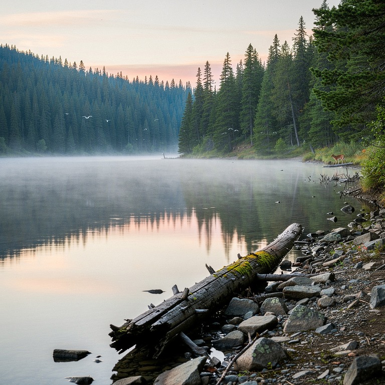 Mist rising from a calm lake, forest reflected in still wate... | ShopAyahuascaRetreats