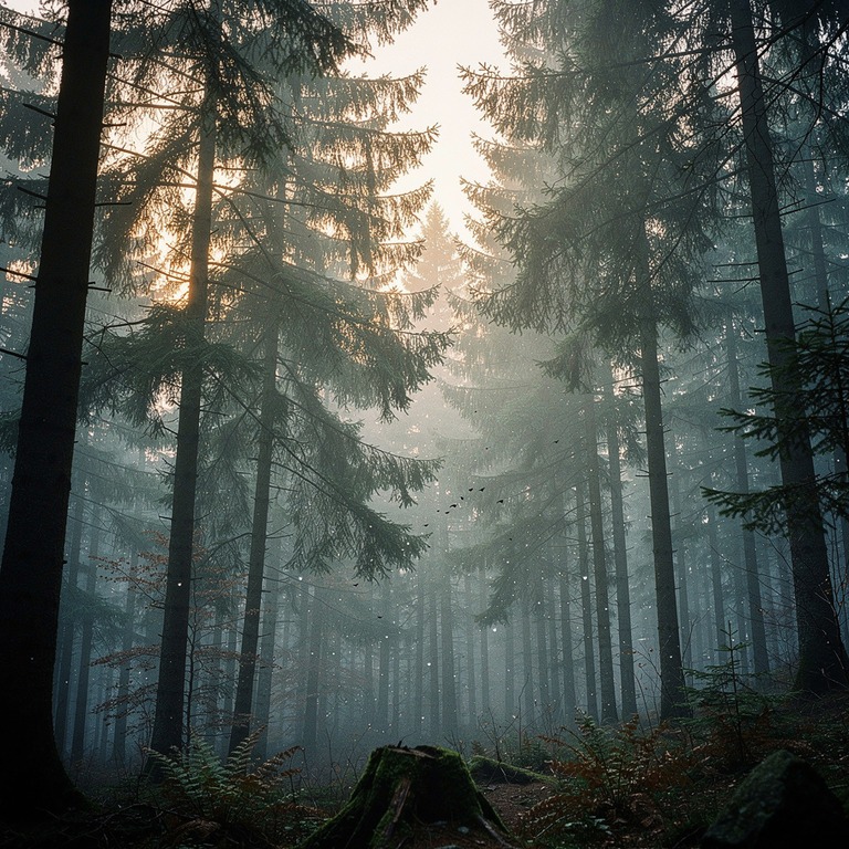 Misty fir forest at dawn, layered silhouettes | ShopAyahuascaRetreats