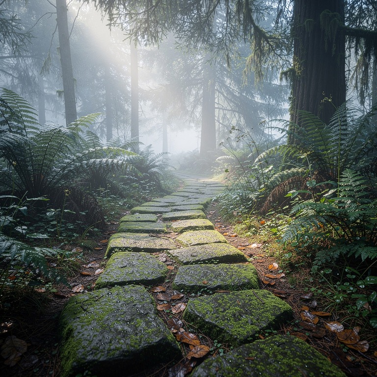 Mossy stone path winding through a fern-filled forest | ShopAyahuascaRetreats