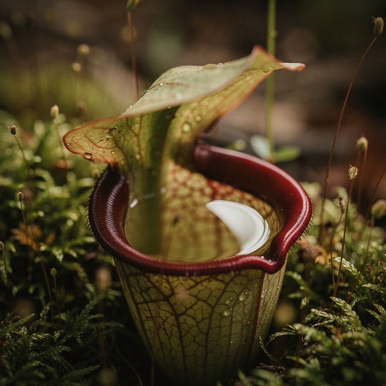 Pitcher plant nestled in moss, water collected inside the cu... | ShopAyahuascaRetreats