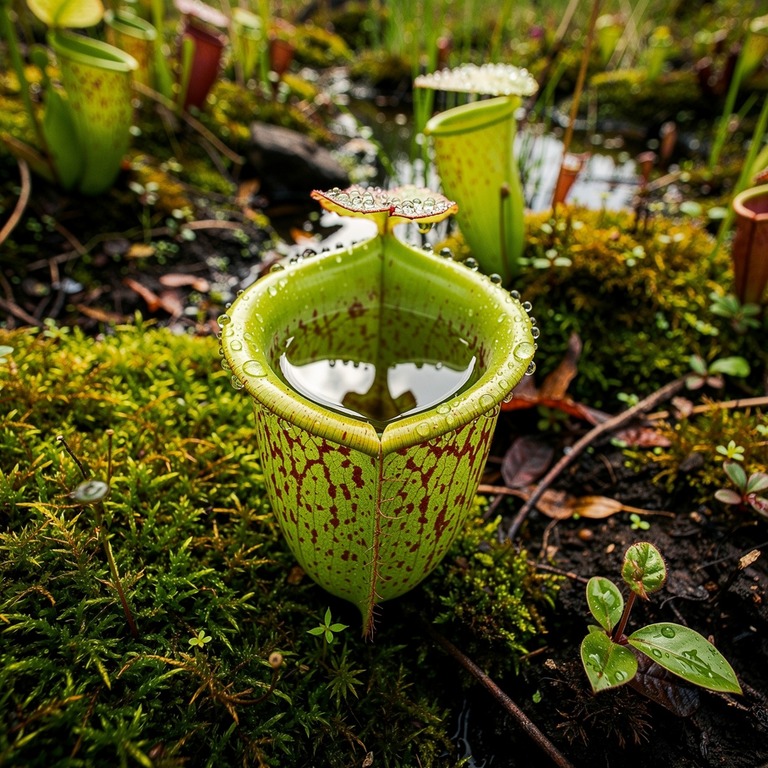 Pitcher plant nestled in moss, water collected inside the cu... | ShopAyahuascaRetreats