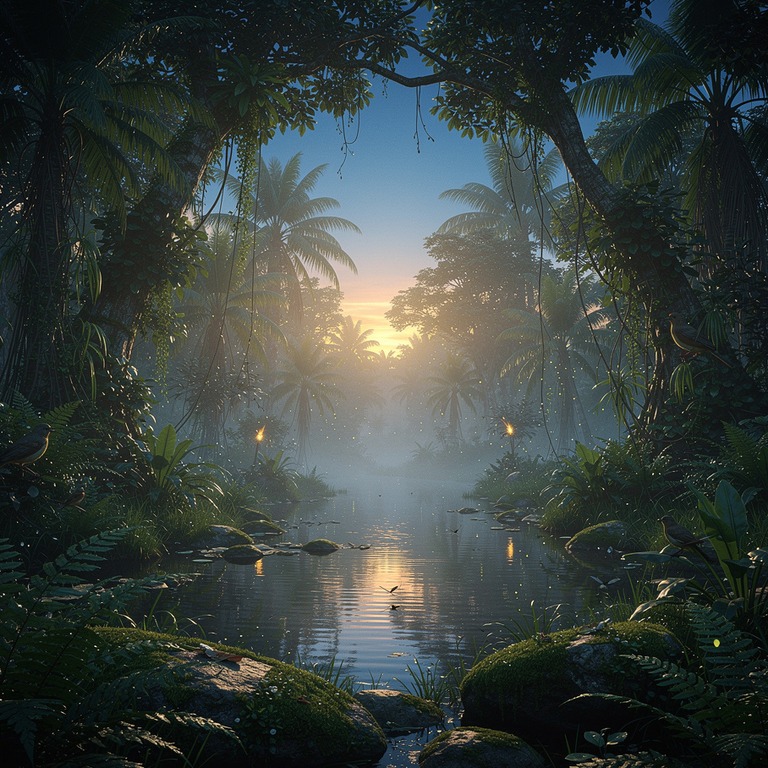 Pre-dawn jungle, deep blue tones with first golden light fil... | ShopAyahuascaRetreats