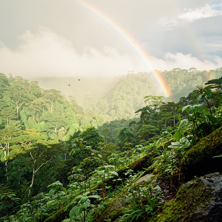 Rainbow arching over a misty rainforest valley after a storm | ShopAyahuascaRetreats