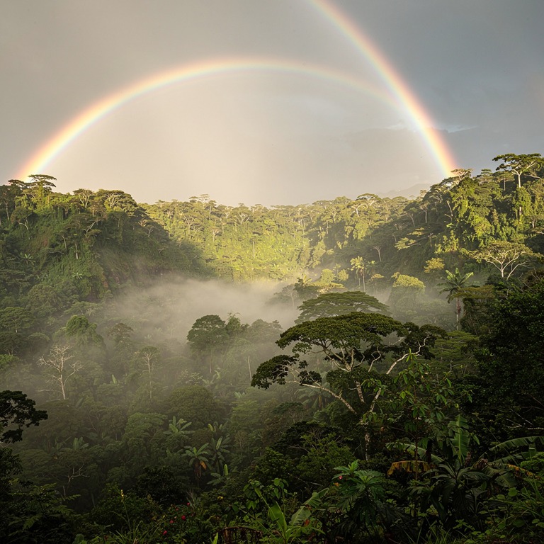 Rainbow arching over a misty rainforest valley after a storm | ShopAyahuascaRetreats