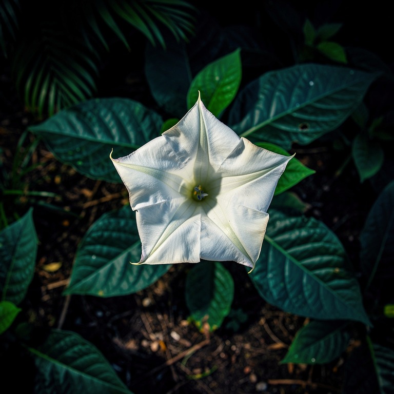 Single white datura flower at night, deep black around it | ShopAyahuascaRetreats