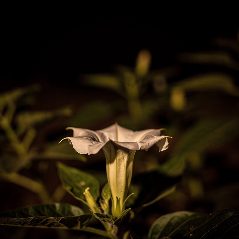 Single white datura flower at night, deep black around it | ShopAyahuascaRetreats