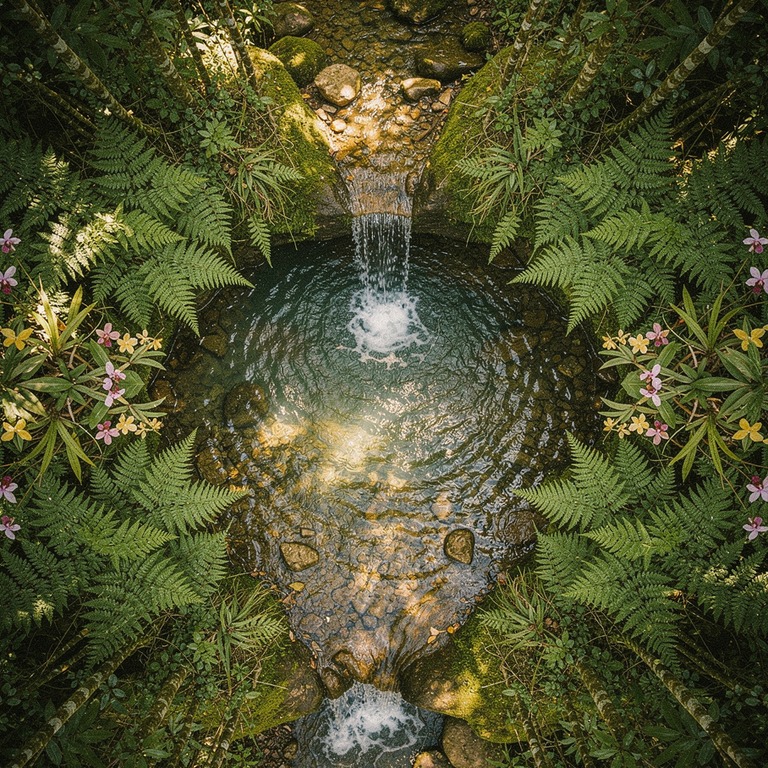 Small waterfall hidden in jungle, framed by ferns and orchid... | ShopAyahuascaRetreats
