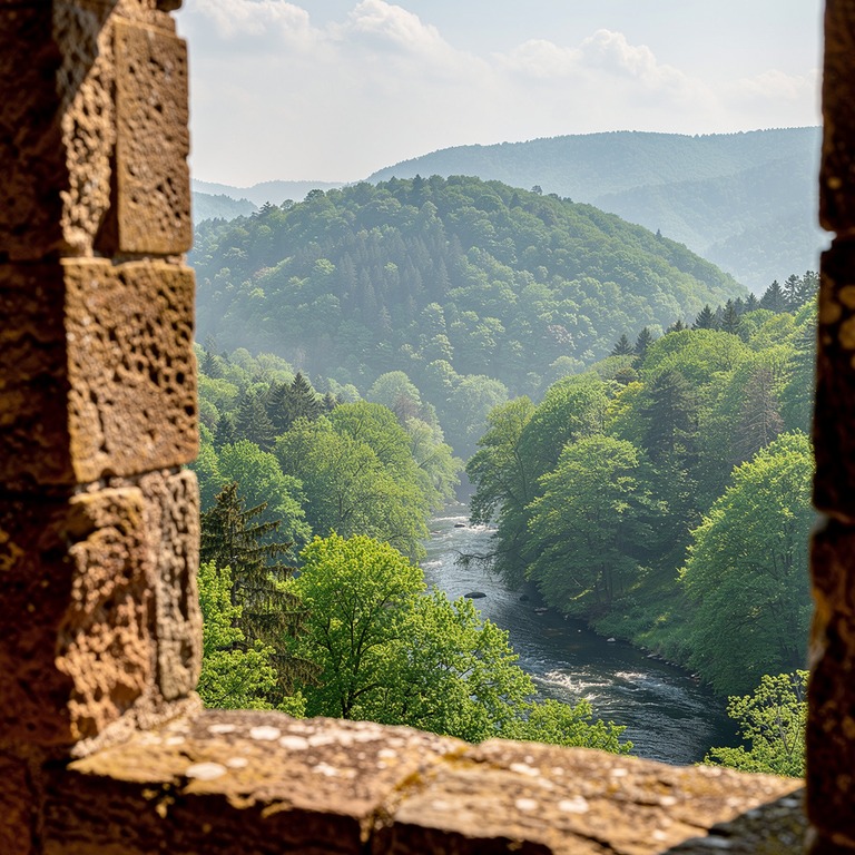 Stone monastery window looking out onto a green forested val... | ShopAyahuascaRetreats