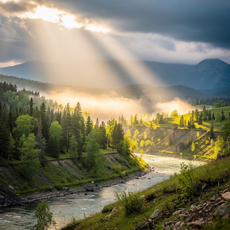 Sun shafts breaking through storm clouds over a forested val... | ShopAyahuascaRetreats
