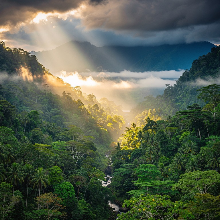 Sun shafts breaking through storm clouds over a forested val... | ShopAyahuascaRetreats